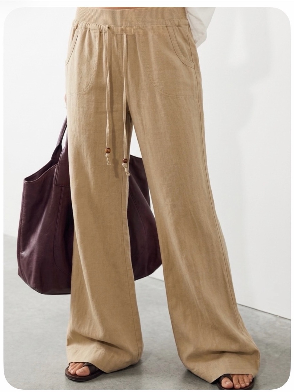 Women's Wide Leg Drawstring Pants - Tan